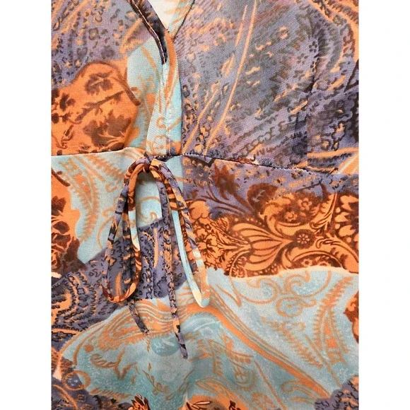 Vintage Blue Brown Paisley Sheer Mesh Tie Front V-Neck Long Sleeve Fairy Boho - Picture 6 of 9